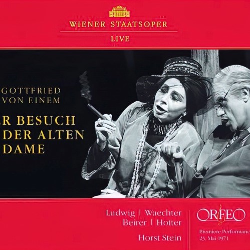 Christa Ludwig (Claire Zachanassian) i Eberhard Wächter (Alfred Ill) na naslovnici CD-a praizvedbe opere <em>Posjet stare dame</em> (<em>Der Besuch der alten Dame</em>) Gottfrieda von Einema 23. svibnja 1971. u Bečkoj državnoj operi, objavljenog 2018.