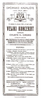 Programska cedulja Velikog koncerta Cvijete pl. Cindro 6. listopada 1912.
