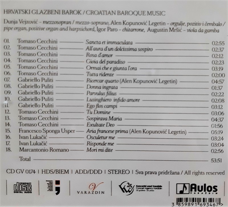 Popis skladbi: <em>Dunja Vejzović, Hrvatski glazbeni barok</em>, CD, Aulos Varaždin, 2020. 