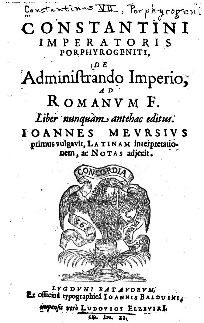 De administrando imperio (O upravljanju carstvom) bizantskog cara Konstantina Porfirogeneta (905-959). 