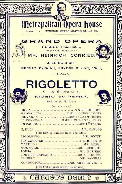 Programska cedulja otvorenja sezone 2. studenoga 1903. – prvi nastup Enrica Carusa u Metropolitanu: Caruso kao Vojvoda od Mantove, Giuseppe Verdi, <em>Rigoletto</em>