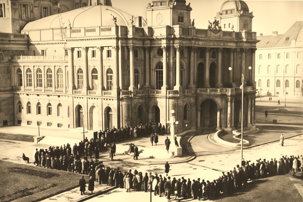 Publika u redu za ulaznice pred premijeru <em>Male Floramye</em> u HNK-u u Zagrebu 25. veljače 1948.