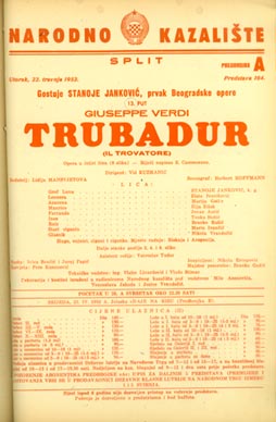Programska cedulja nastupa Marije Gatin u ulozi Azucene – Giuseppe Verdi, Trubadur, Narodno kazalište Split, 22. travnja 1952.
