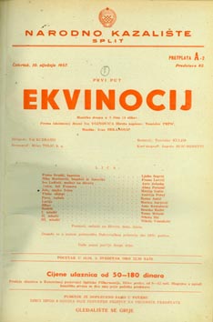 Programska cedulja nastupa Marije Gatin u ulozi Jele – Ivan Brkanović, Ekvinocij, Narodno kazalište Split, premijera, 10. siječnja 1957.
