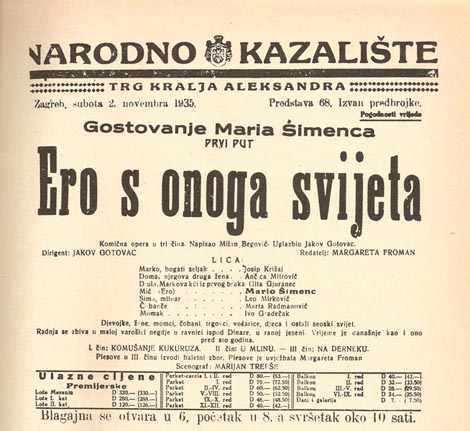 Programska cedulja prizvedbe opere Ero s onoga svijeta Jakova Gotovca, Narodno kazalište, Zagreb, 2. studenoga 1935.