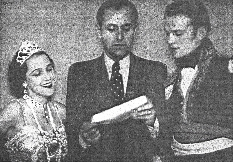 Erika Druzović (Mira) Ivo Tijardović i Slobodan Živojnović (Marmont) prigodom premijere operete <em>Maršal Marmont</em> u Narodnom kazalištu u Zagrebu 19. listopada 1935.