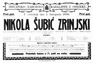 Programska cedulja s premijere opere Nikola Šubić Zrinjski u HNK-u u Osijeku 1. listopada 1908.
