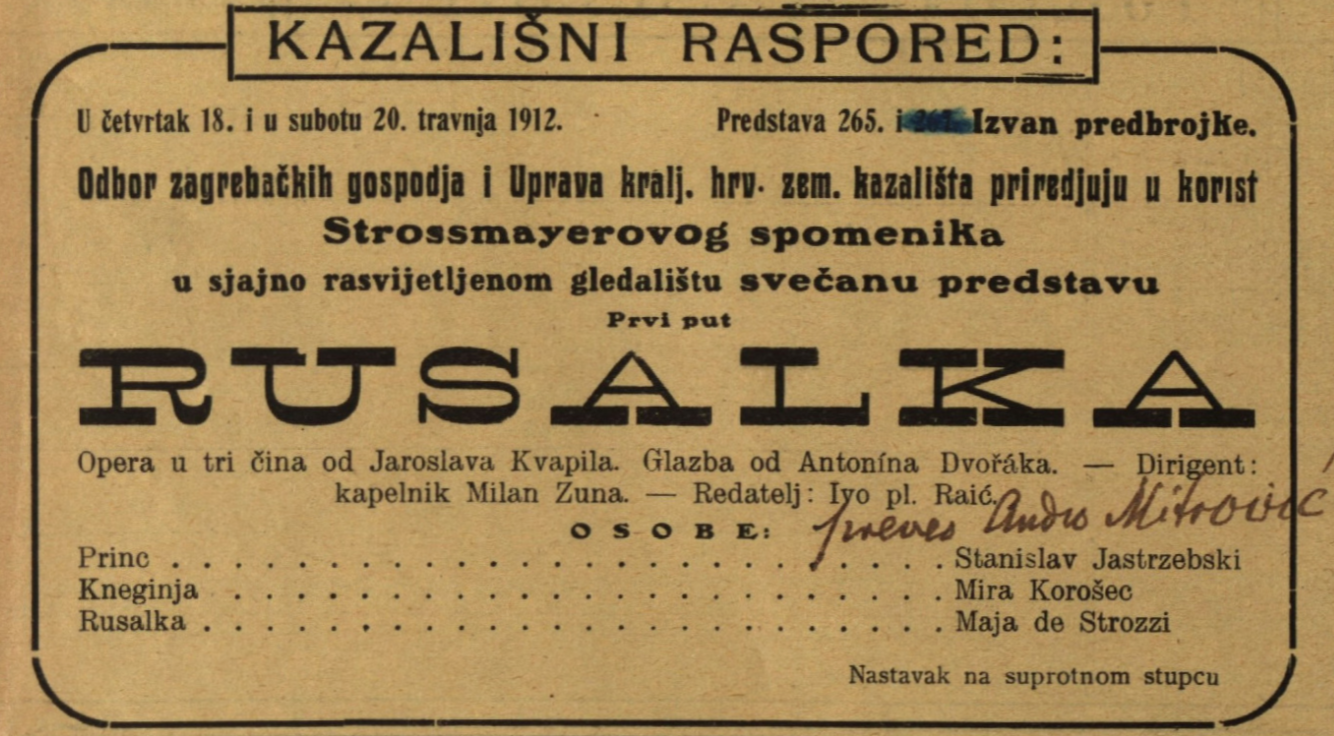 Najava prve izvedbe <em>Rusalke</em> u Zagrebu 18. travnja 1912.