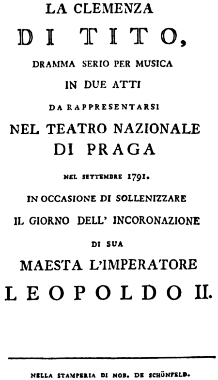 Naslovnica Metastasijeva libreta <em>La clemenza di Tito</em> u preradi Caterina Mazzole za Mozartovu operu (1791)