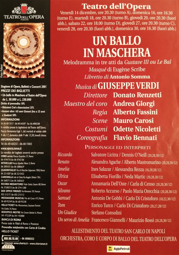 Programska cedulja nastupa Nede Martić u ulozi Ulrice u izvedbi <em>Krabuljnog plesa</em> (<em>Un ballo in maschera</em>) u Rimskoj operi 2001. 