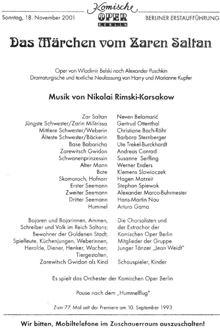 Programska cedulja prve izvedbe opere <em>Priča o caru Saltanu</em> u Berlinu 11. studenoga 2001. 