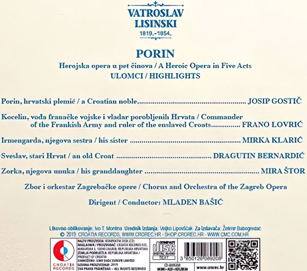 Poleđina naslovnice CD-a <em>Porina</em> u izdanju Croatia Recordsa