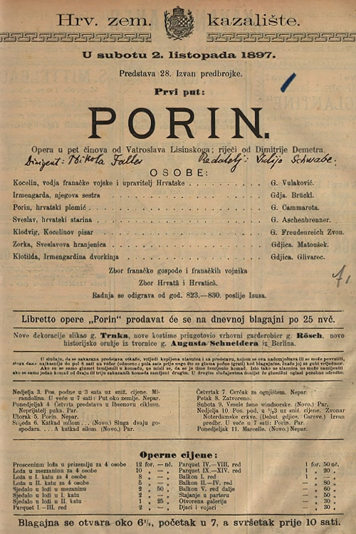 Programska cedulja praizvedbe <em>Porina</em> 2. listopada 1897.