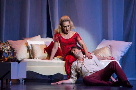 Terezija Kusanović (Dalila) i Leonardo Caimi (Samson); Hrvatsko narodno kazalište Split: Camille Saint-Saëns, Samson i Dalila, dir. je Ivo Lipanović, red. Krešimir Dolenčić