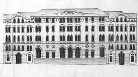 nacrt pročelja Bajamontijevog kazališta u kojem su se predstave održavale od 1859. do 1881.
