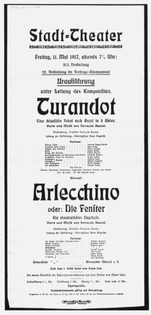 Programska cedulja praizvedbe Busonijevih opera <em>Turandot</em> i <em>Arlecchino</em>