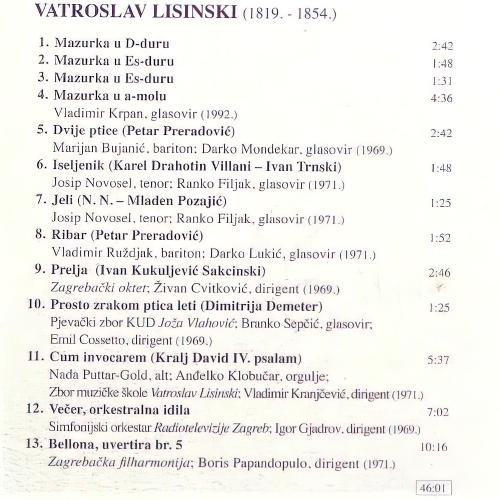 Program na CD-u Croatia Recordsa - <em>Vatroslav Lisinski – Izbor skladbi</em> 