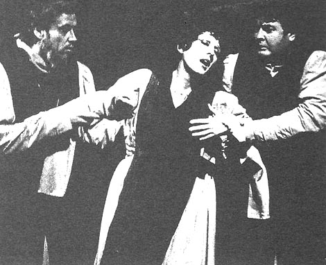 Ivica Čikeš (Gvardijan), Veneta Janeva Iveljić (Leonora) i Janez Lotrič (Don Alvaro) – Giuseppe Verdi, Moć sudbine, HNK u Zagrebu, 1996. (fotografija s probe)