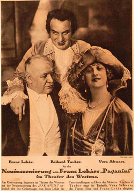 Franz Lehár, Richard Tauber i Vera Schwarz tijekom pokusa za izvedbu Lehárove operete Paganini u Berlinu, Theater des Westens, 1930.