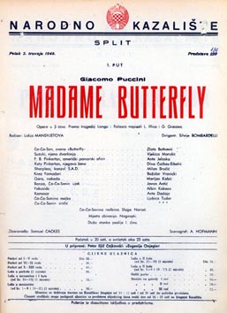 Programska cedulja nastupa Vjekice Marušić kao Suzuki - Giacomo Puccini, Madame Butterfly, Narodno kazalište Split, 2. travnja 1948.