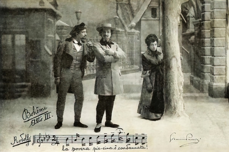 Tieste Wilmant (Marcello), Evan Gorga (Rodolfo) i Cesira Ferrani (Mimì) na praizvedbi <em>La Bohème</em> 