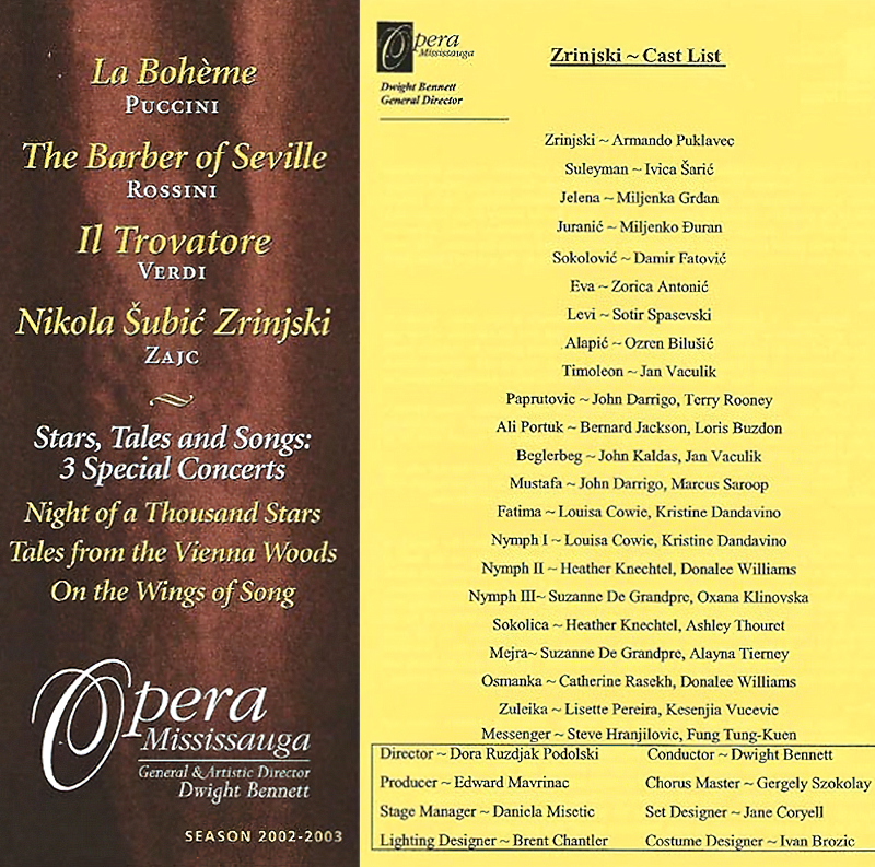 Programska cedulja izvedbe opere <em>Nikola Šubić Zrinjski</em> Ivana pl. Zajca u Operi Mississauga, Kanada 2002.