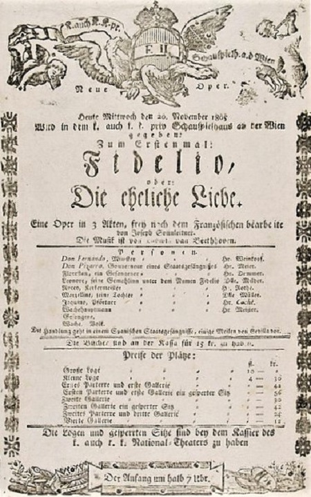 Programska cedulja praizvedbe Beethovenove opere <em>Fidelio</em>, 20. studenoga 1805. 