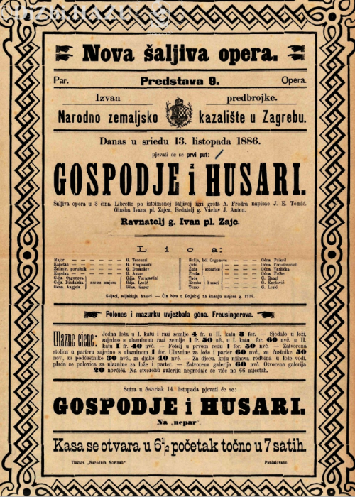 Programska cedulja praizvedbe Zajčeve opere <em>Gospodje i Husari</em>, 13. listopada 1986.