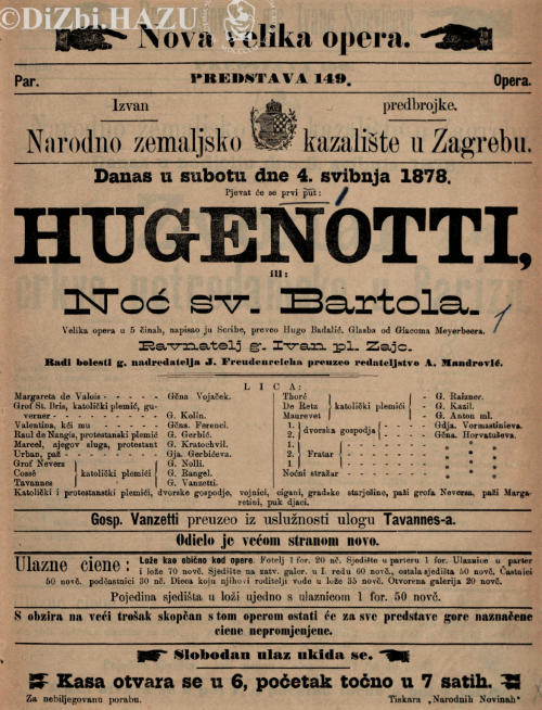 Programska cedulja praizvedbe opere Giacoma Meyerbeera <em>Hugenoti</em>, 4. svibnja 1887.