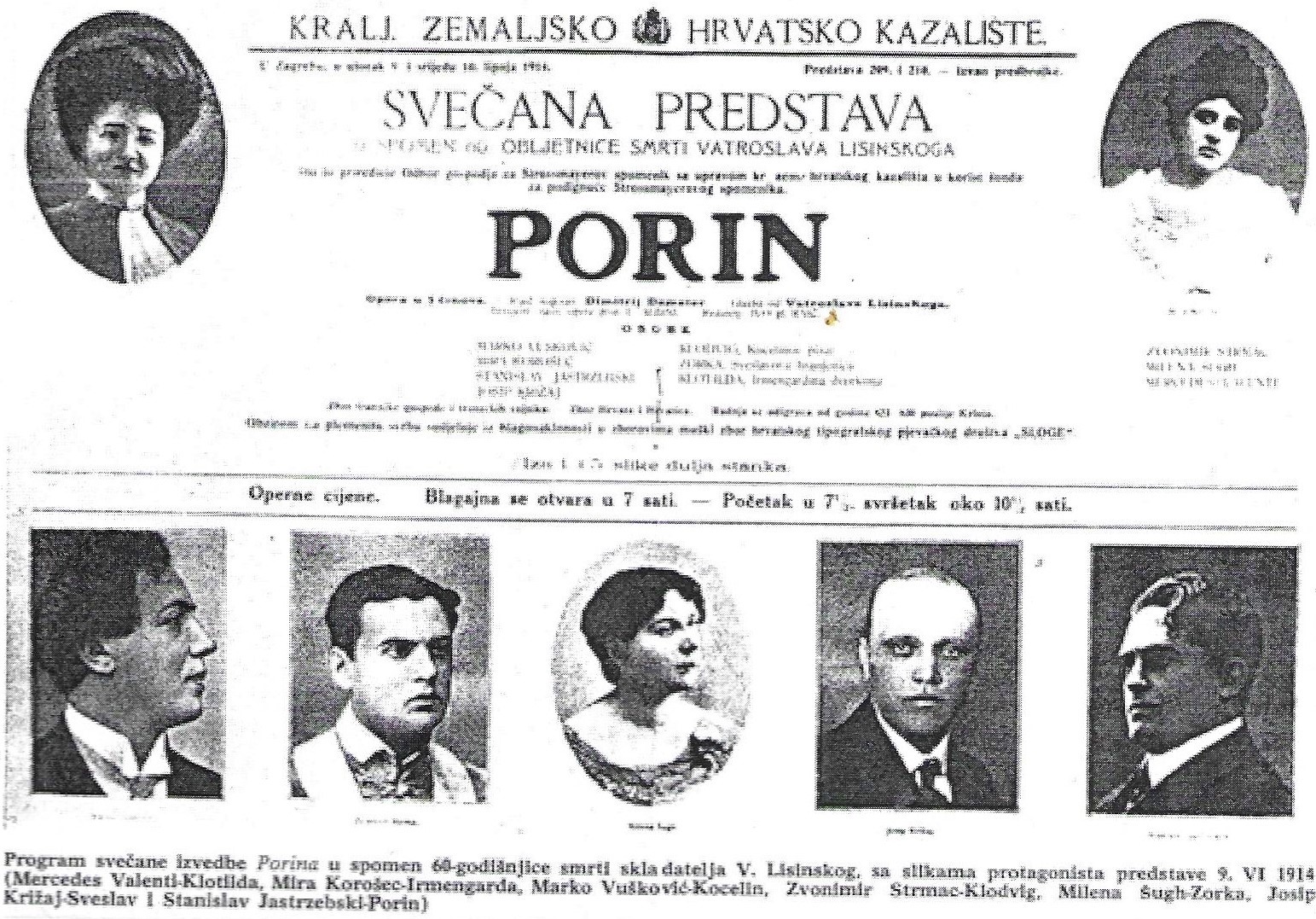Program svečane izvedbe <em>Porina</em> u spomen 60. godišnjice smrti skladatelja Vatroslava Lisinskog.