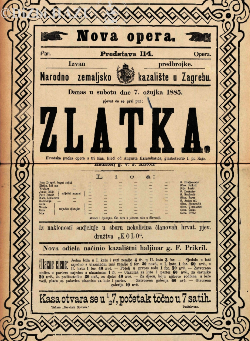 Programska cedulja praizvedbe Zajčeve opere <em>Zlatka</em>, 7. ožujka 1885.